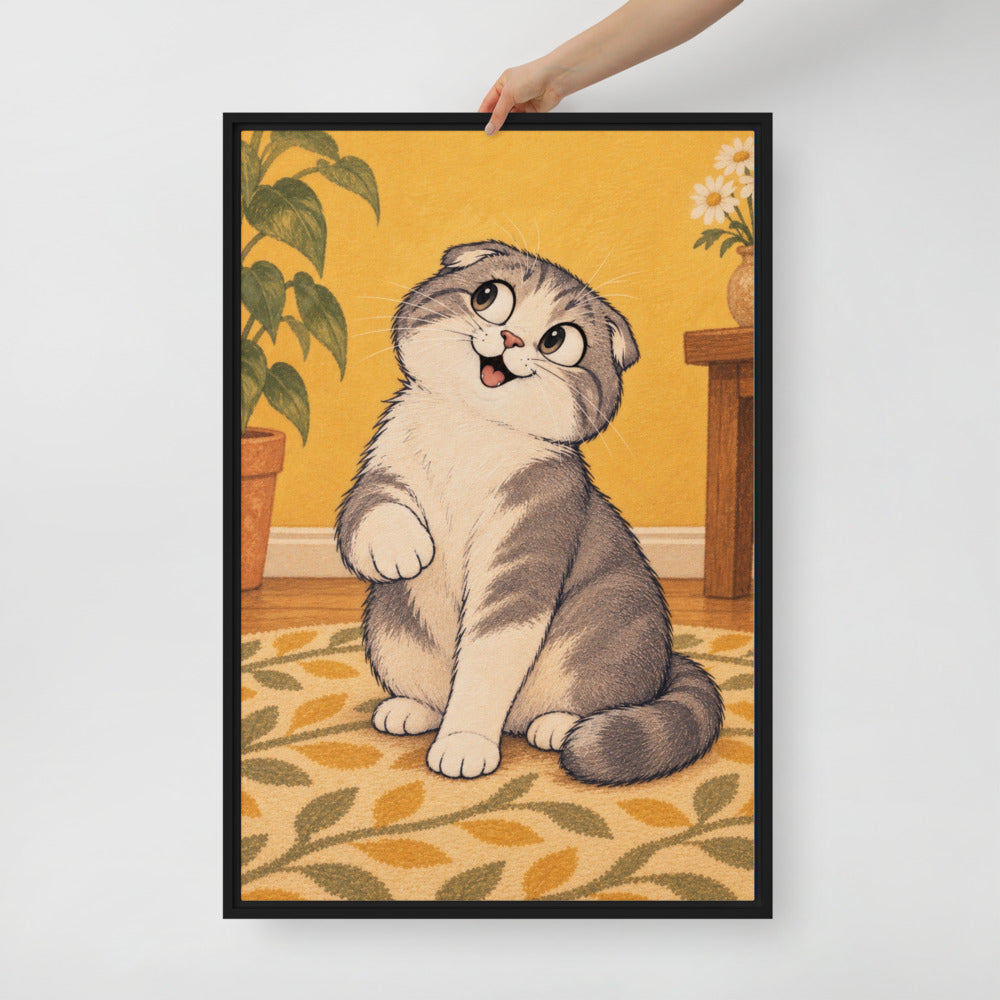 Cartoon cat portrait canvas print, 24 x 36 in, in a black floating frame