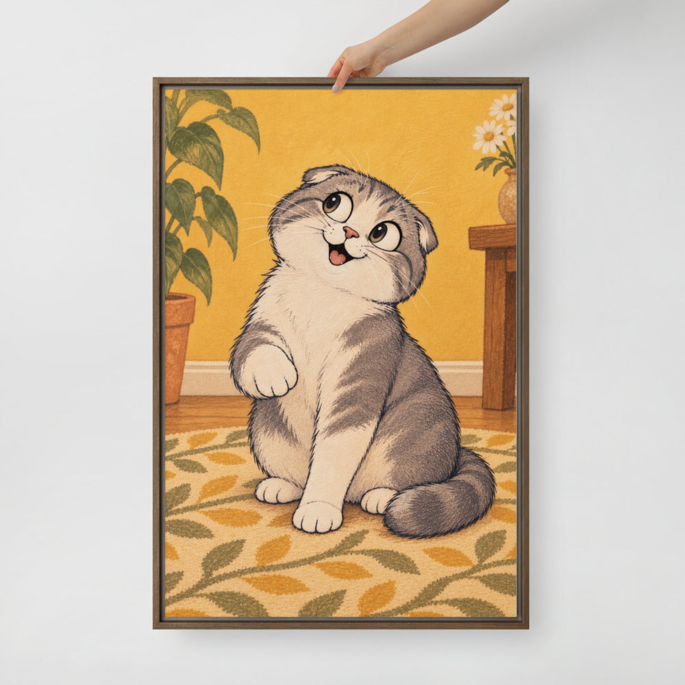 Cartoon cat portrait canvas print, 24 x 36 in, in a brown floating frame