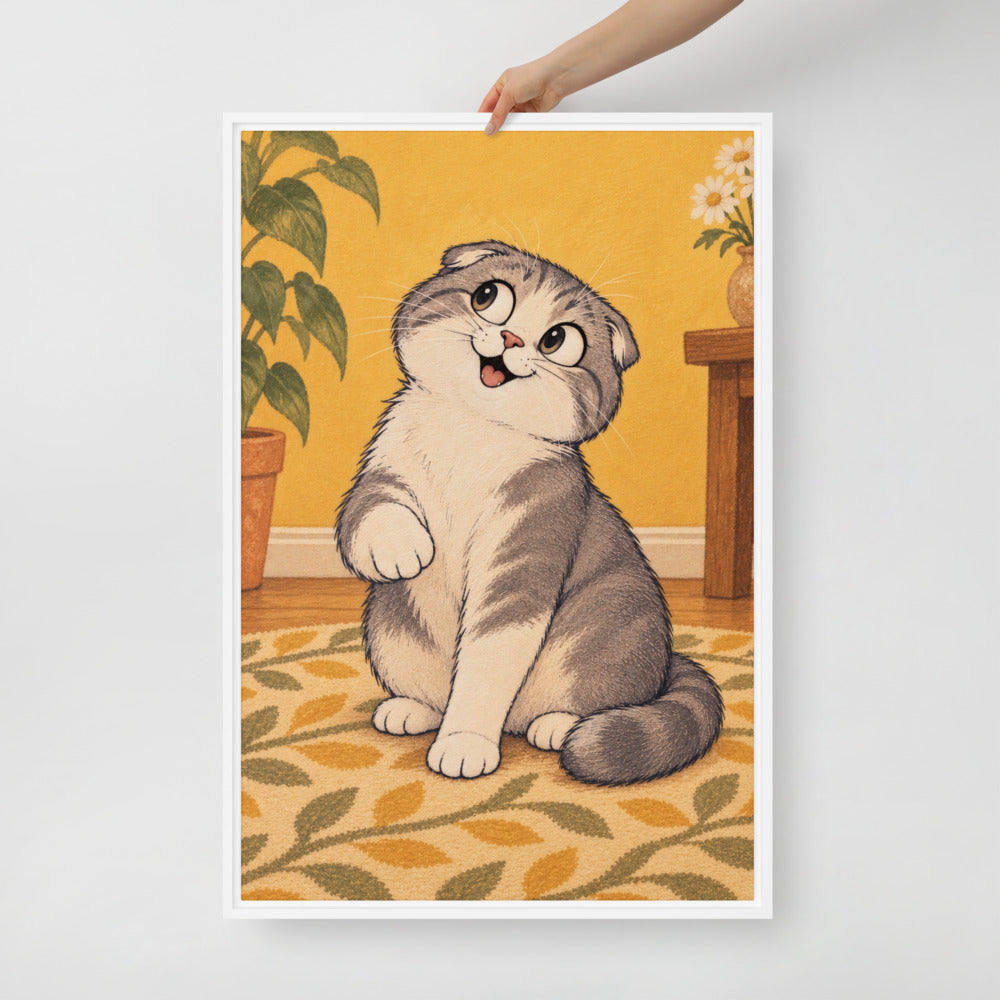 Cartoon cat portrait canvas print, 24 x 36 in, in a white floating frame