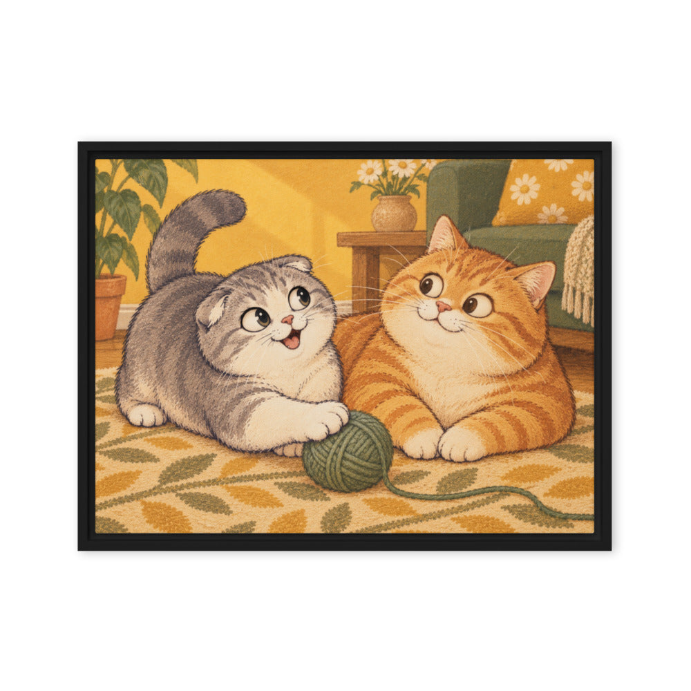 Cartoon portrait of 2 cats, canvas print in a black floating frame