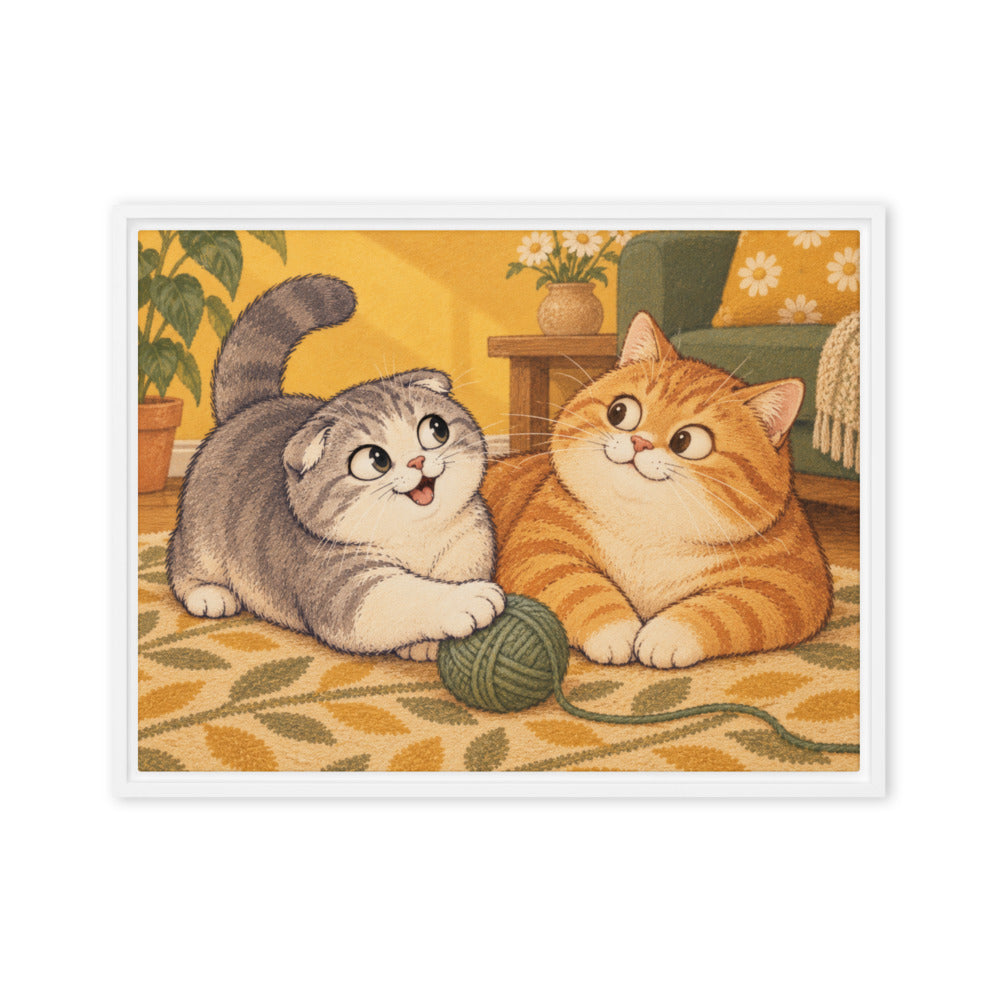 Cartoon portrait of 2 cats, canvas print in a white floating frame