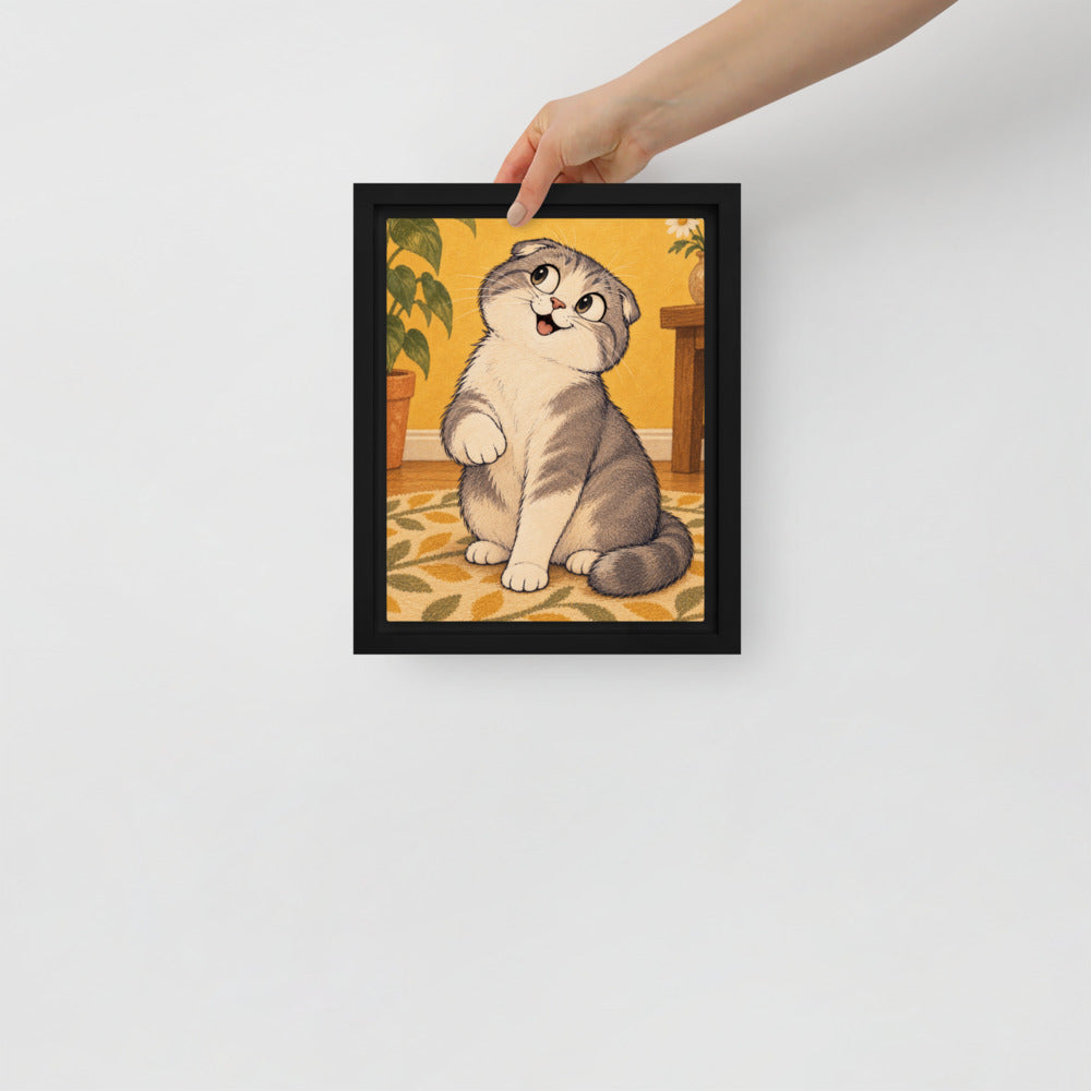 Cartoon cat portrait canvas print, 8 x 10 in, in a black floating frame