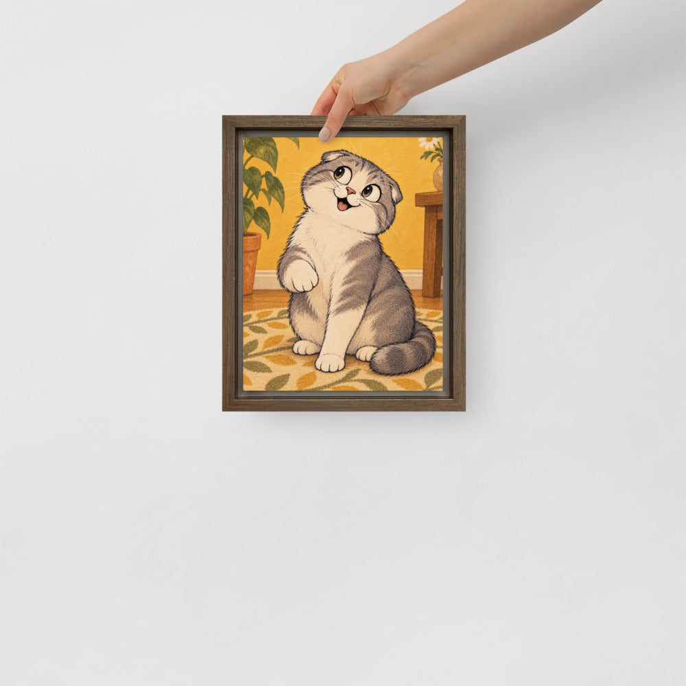Cartoon cat portrait canvas print, 8 x 10 in, in a brown floating frame