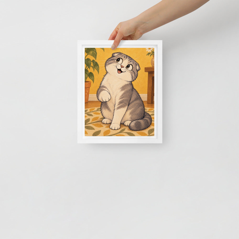 Cartoon cat portrait canvas print, 8 x 10 in, in a white floating frame