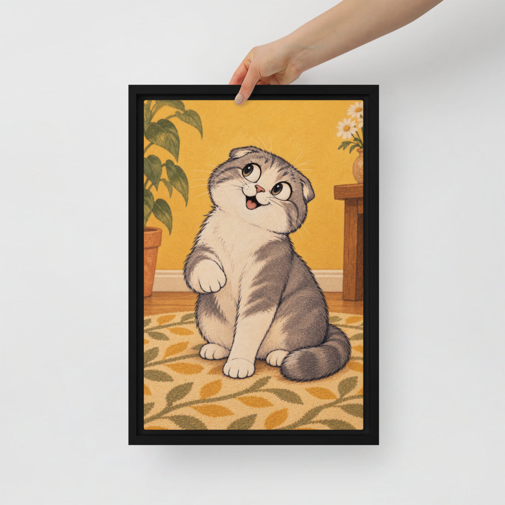 Cartoon cat portrait canvas print, 12 x 18 in, in a black floating frame