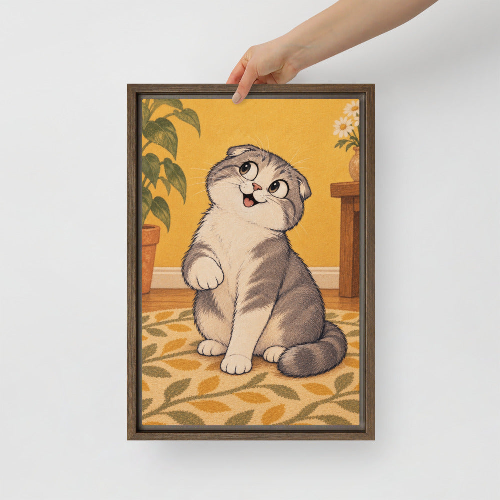 Cartoon cat portrait canvas print, 12 x 18 in, in a brown floating frame