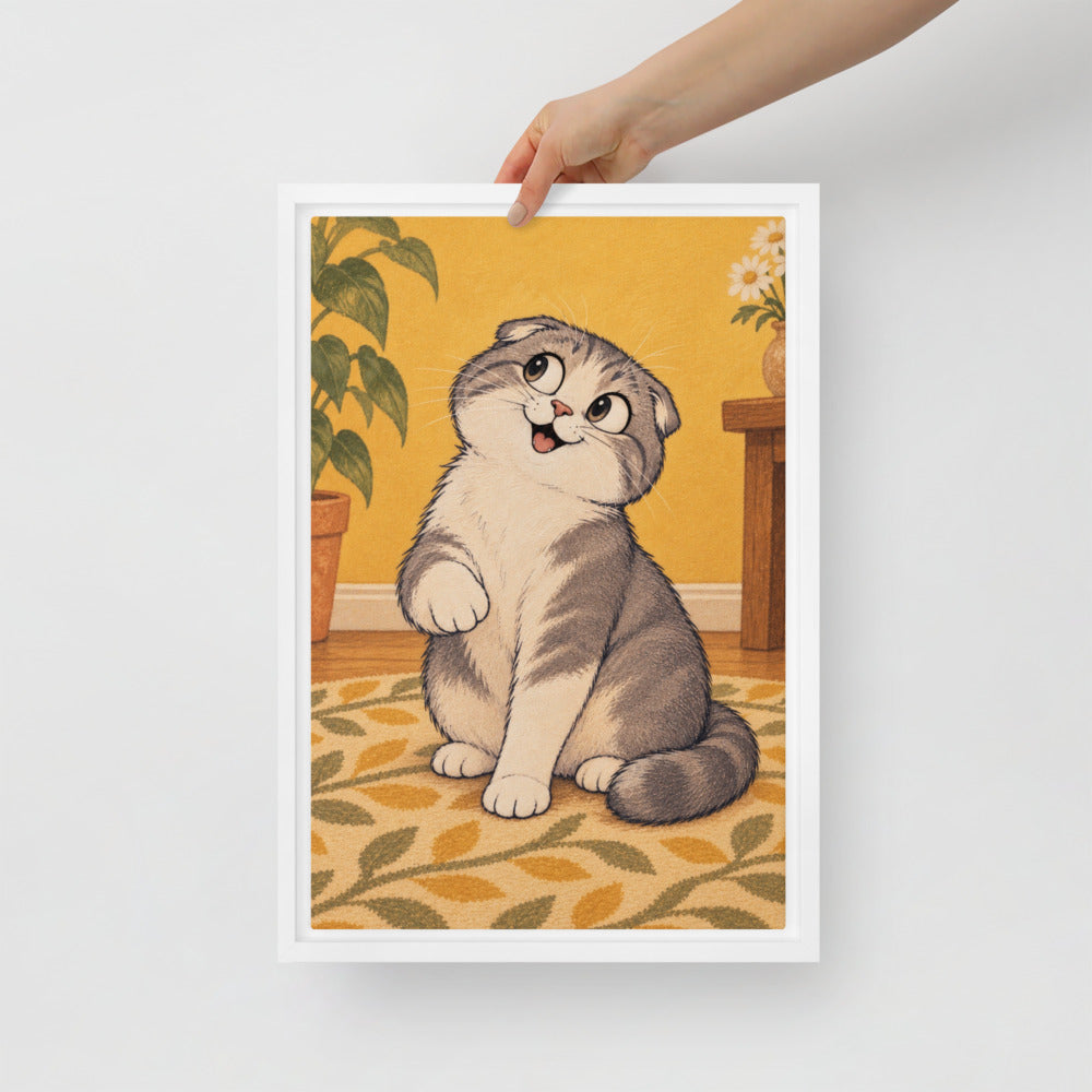 Cartoon cat portrait canvas print, 12 x 18 in, in a white floating frame