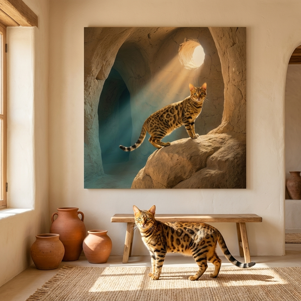 Cathedral Light Canvas room mockup; custom cat portrait canvas from photo in the Cathedral Light style; spotted tabby-like cat; proof before print.