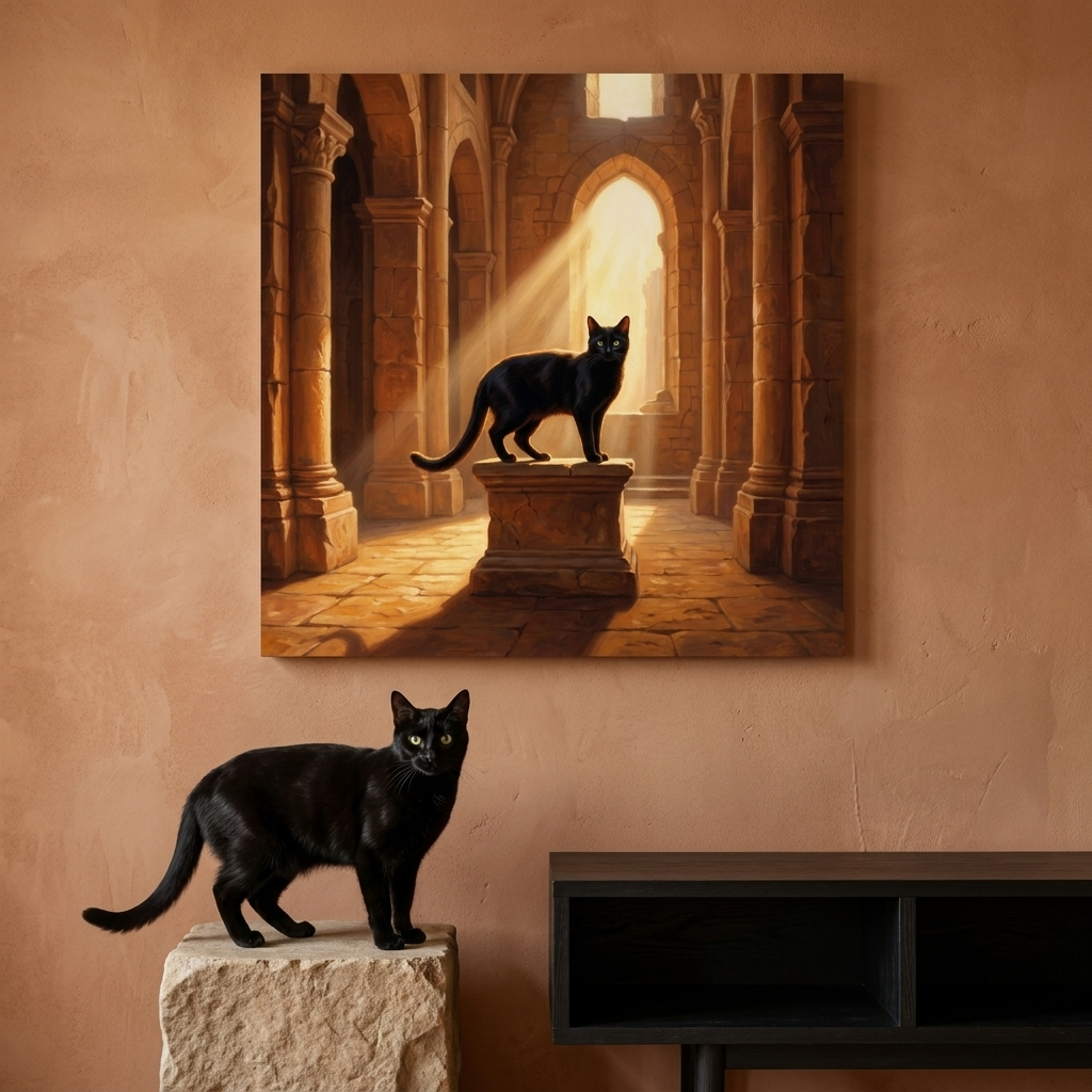 Cathedral Light Canvas room mockup; custom cat portrait canvas from photo in the Cathedral Light style; black cat; proof before print.
