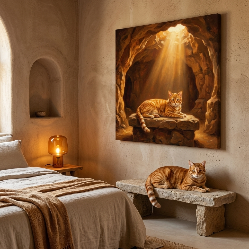 Cathedral Light Canvas room mockup; custom cat portrait canvas from photo in the Cathedral Light style; orange tabby cat; proof before print.