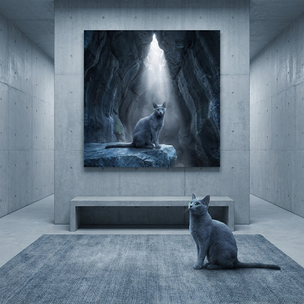 Cathedral Light Canvas room mockup; custom cat portrait canvas from photo in the Cathedral Light style; gray cat; proof before print.