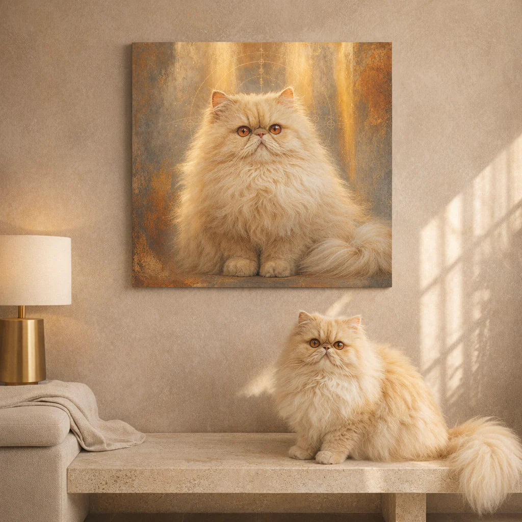 Cathedral Light Canvas room mockup; custom cat portrait canvas from photo in the Cathedral Light style; longhair cat; proof before print.