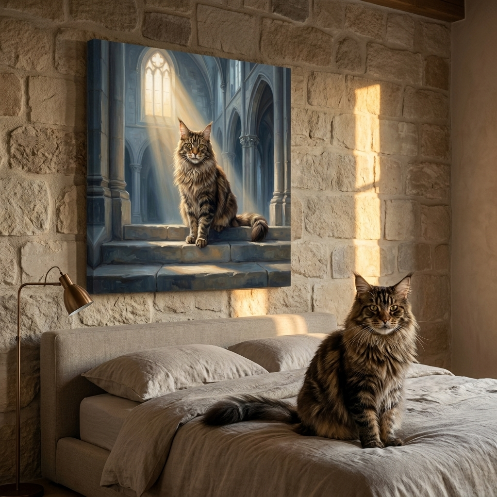 Cathedral Light Canvas room mockup; custom cat portrait canvas from photo in the Cathedral Light style; longhair cat; proof before print.