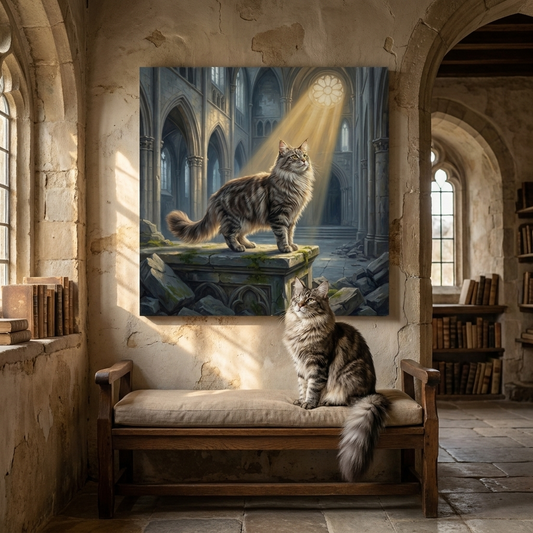 Cathedral Light Canvas room mockup; custom cat portrait canvas from photo in the Cathedral Light style; nature-themed; longhair cat; proof before print.