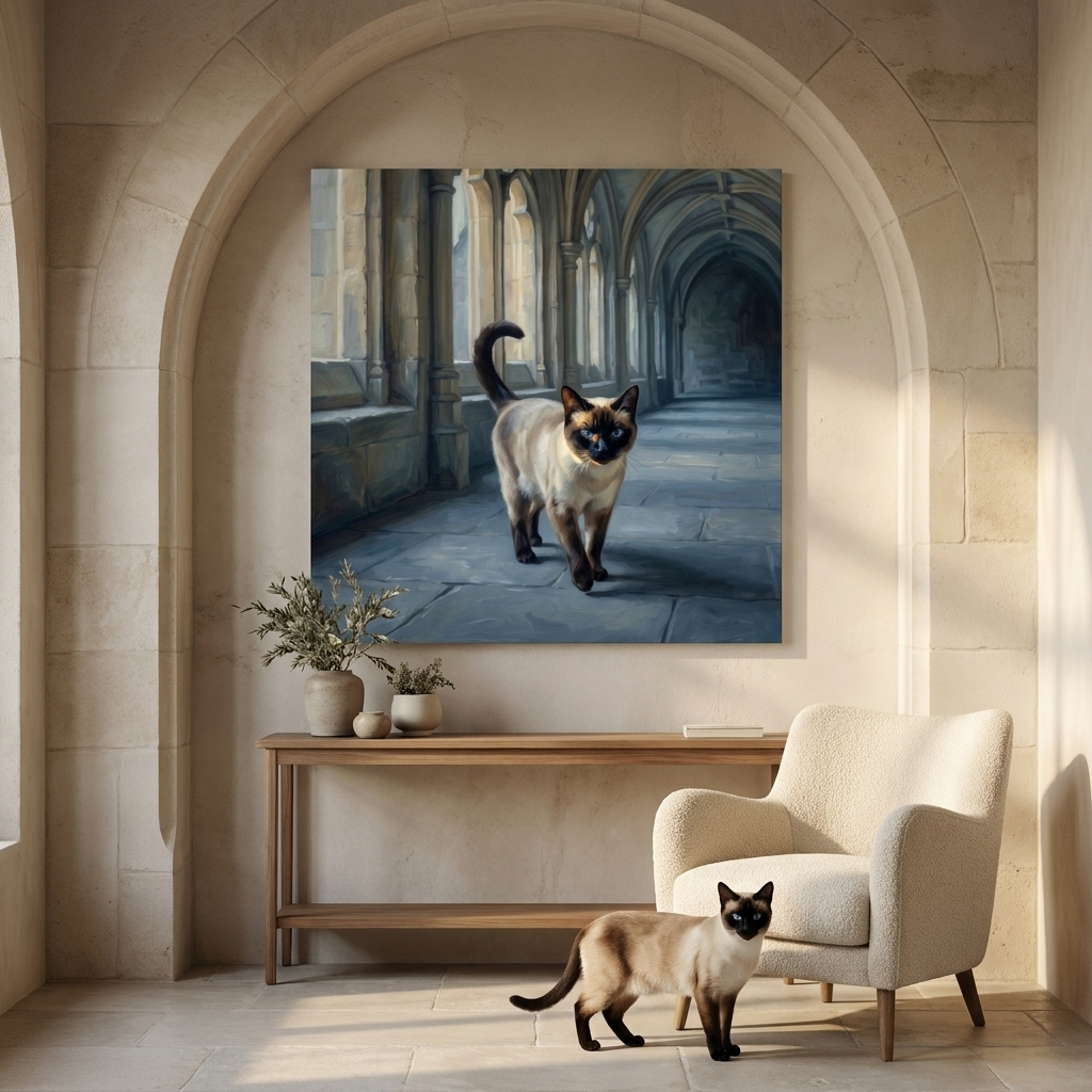 Cathedral Light Canvas room mockup; custom cat portrait canvas from photo in the Cathedral Light style; pointed cat; proof before print.