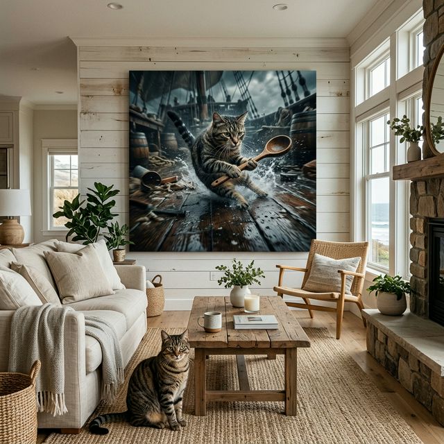 Open Water Canvas room mockup; custom cat portrait canvas from photo in the Open Water style; tabby cat; proof before print.