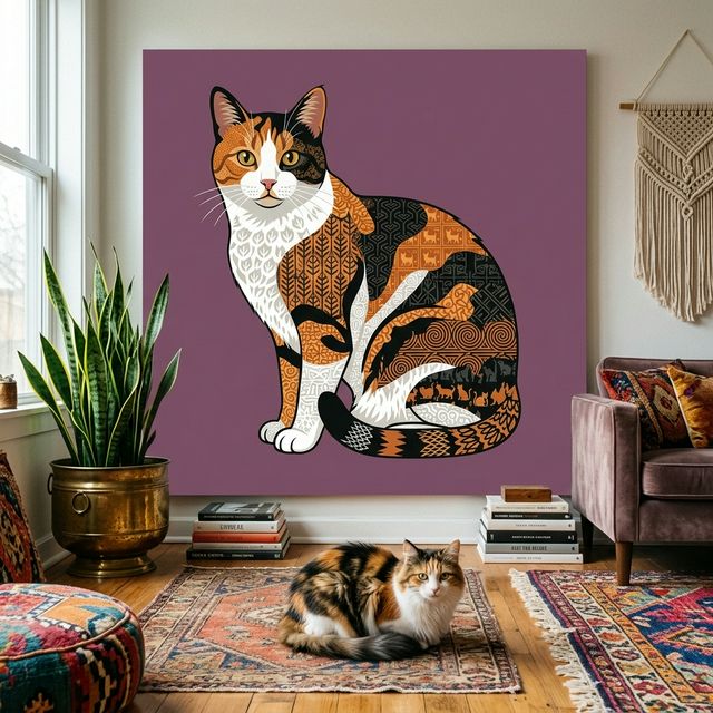 Graphic Wild Form Canvas room mockup; custom cat portrait canvas from photo in the Graphic Wild Form style; calico cat; proof before print.