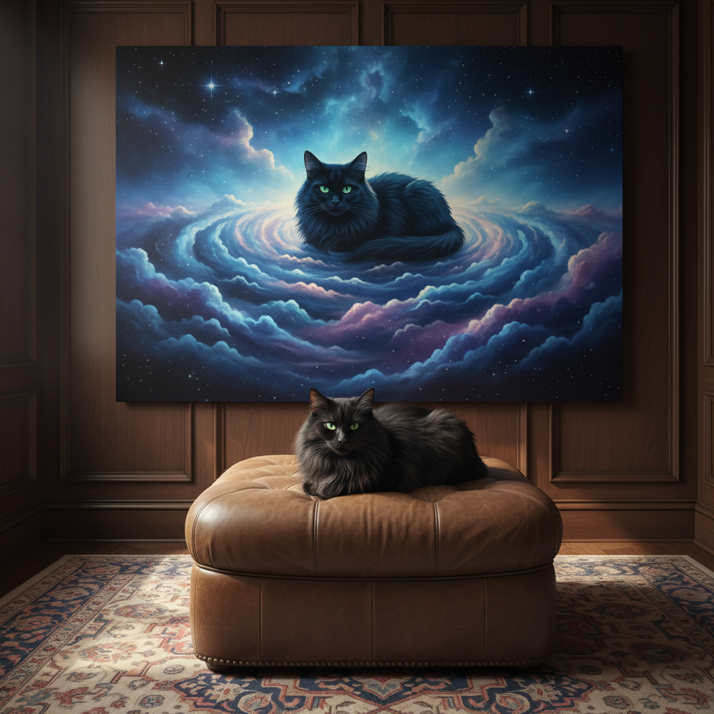 Celestial Cloud Reverie Canvas room mockup; custom cat portrait canvas from photo in the Celestial Cloud Reverie style; black cat; proof before print.