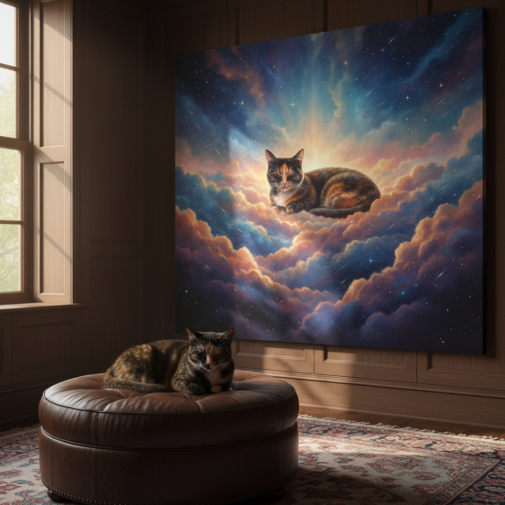 Celestial Cloud Reverie Canvas room mockup; custom cat portrait canvas from photo in the Celestial Cloud Reverie style; calico cat; proof before print.
