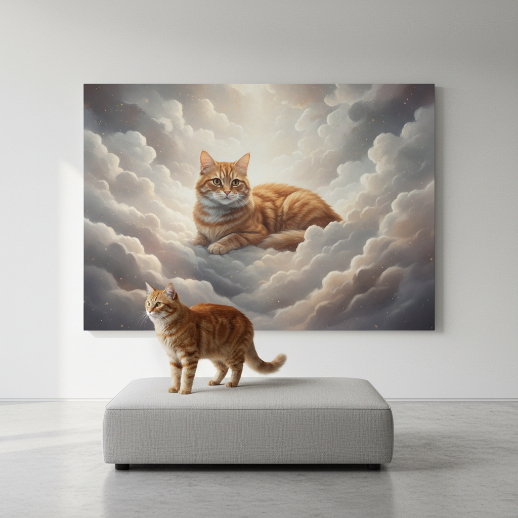 Celestial Cloud Reverie Canvas room mockup; custom cat portrait canvas from photo in the Celestial Cloud Reverie style; orange tabby cat; proof before print.