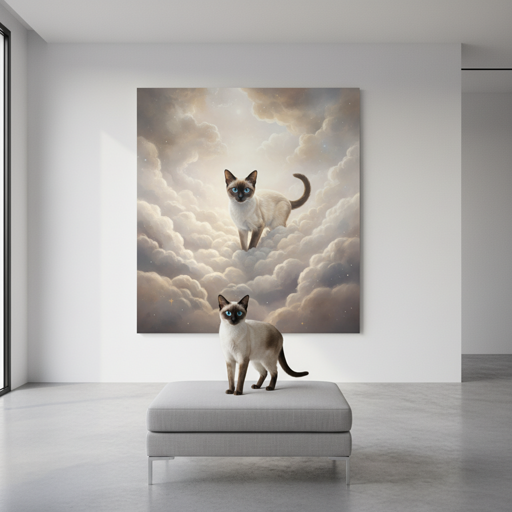 Celestial Cloud Reverie Canvas room mockup; custom cat portrait canvas from photo in the Celestial Cloud Reverie style; pointed cat; proof before print.