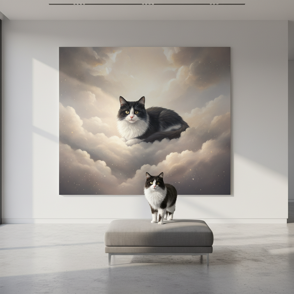 Celestial Cloud Reverie Canvas room mockup; custom cat portrait canvas from photo in the Celestial Cloud Reverie style; tuxedo cat; proof before print.