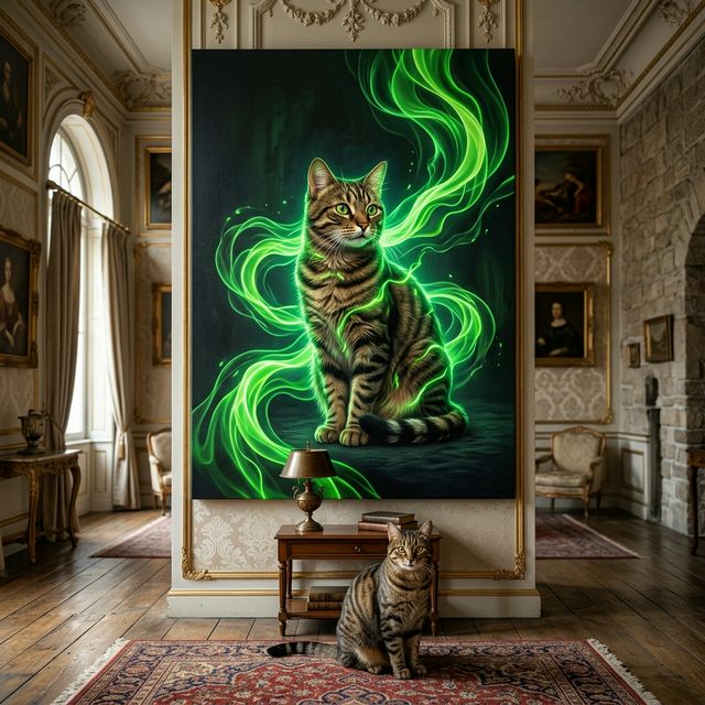Emerald Signal Canvas room mockup; custom cat portrait canvas from photo in the Emerald Signal style; brown tabby cat; proof before print.
