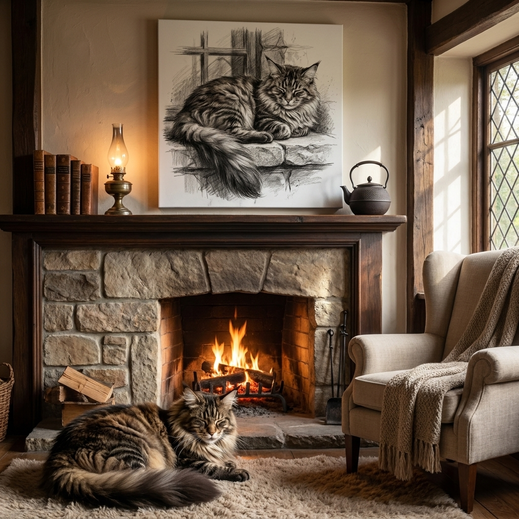 Charcoal Sketch Canvas room mockup; custom cat portrait canvas from photo in the Charcoal Sketch style; longhair cat; proof before print.