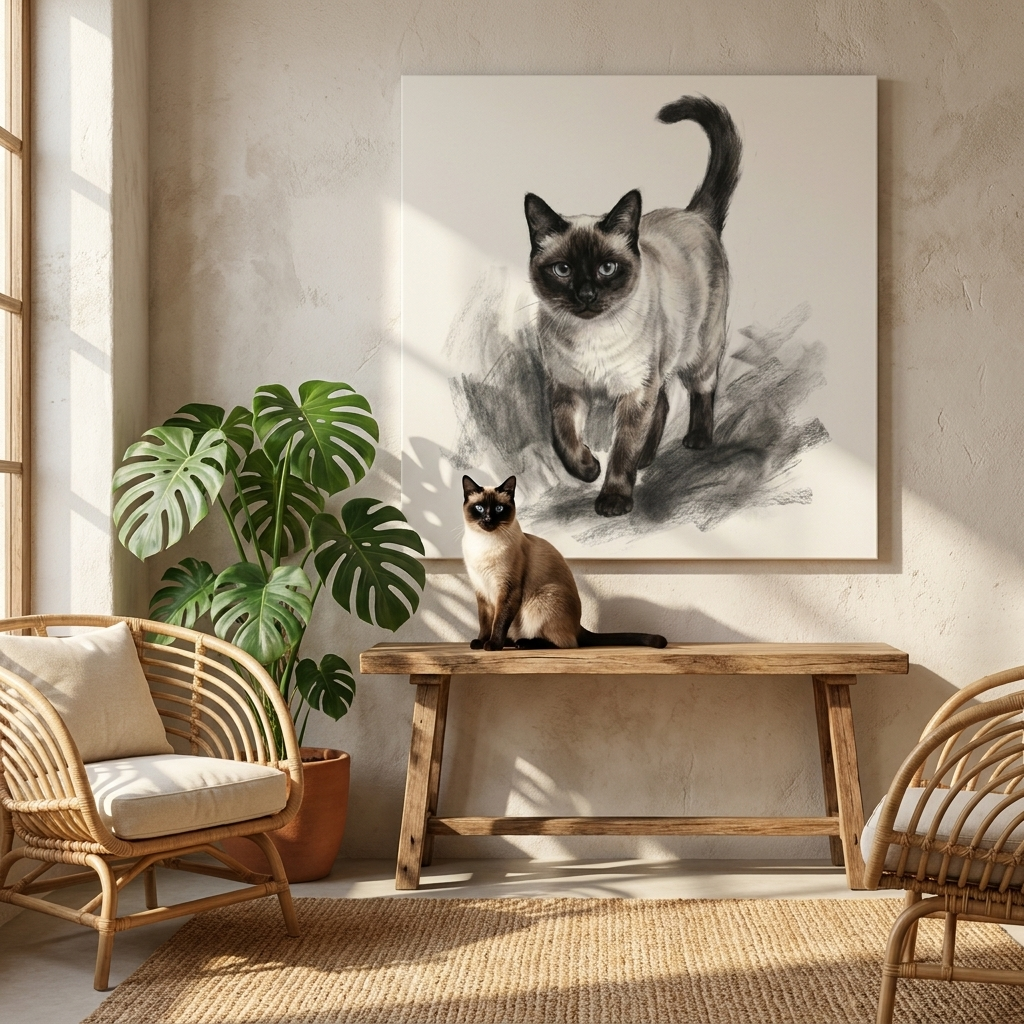 Charcoal Sketch Canvas room mockup; custom cat portrait canvas from photo in the Charcoal Sketch style; pointed cat; proof before print.