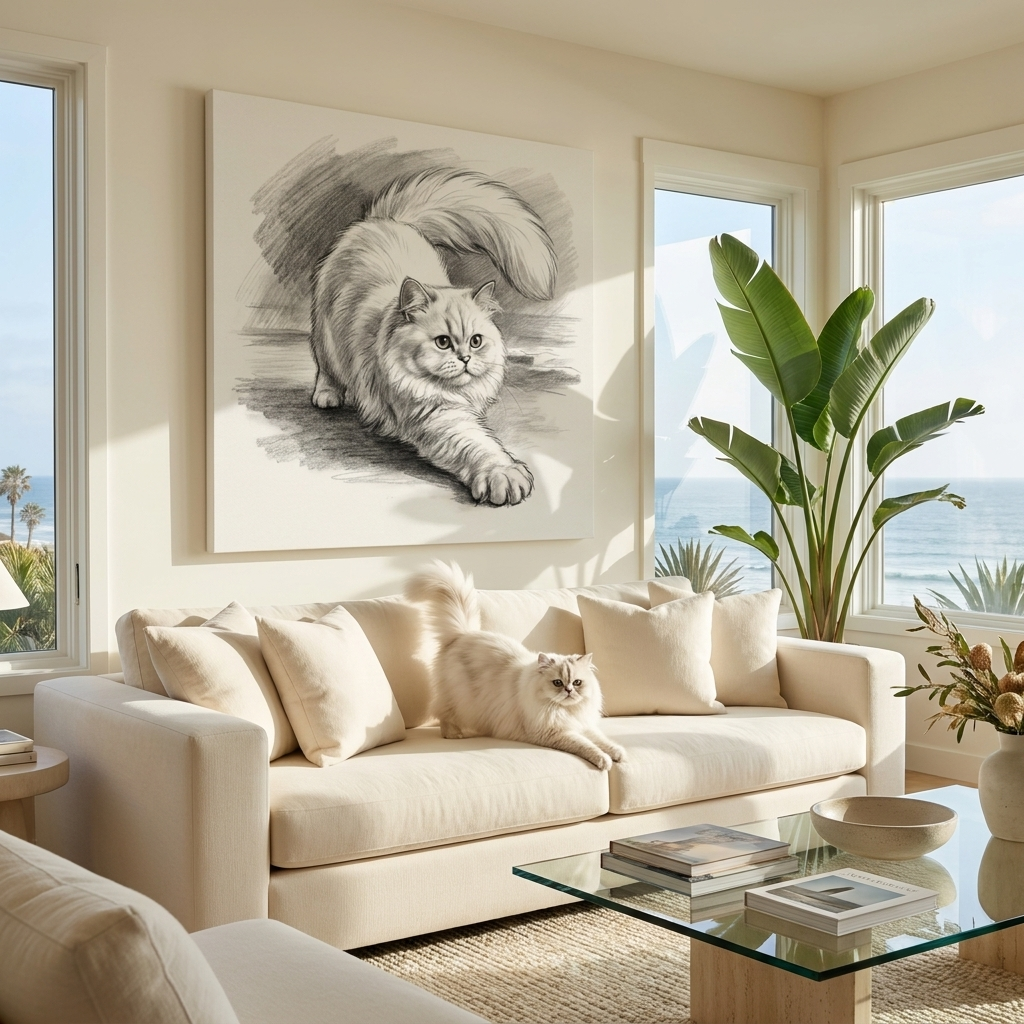 Charcoal Sketch Canvas room mockup; custom cat portrait canvas from photo in the Charcoal Sketch style; longhair cat; proof before print.