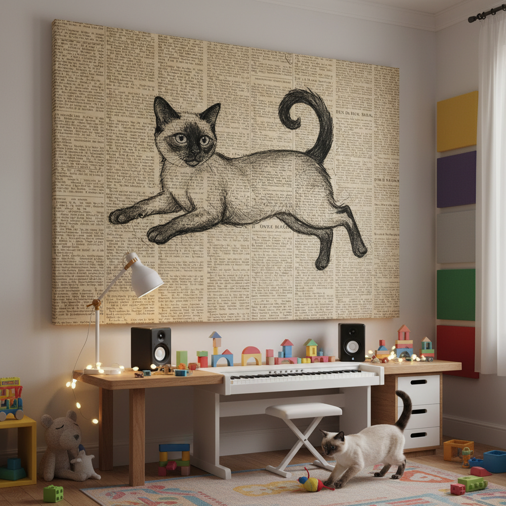 Charcoal Sketch Canvas room mockup; custom cat portrait canvas from photo in the Charcoal Sketch style; pointed cat; proof before print.