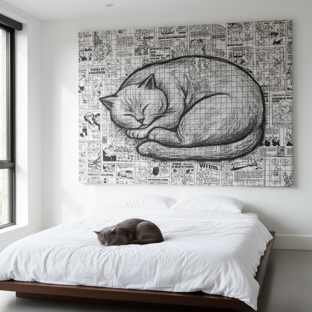 Charcoal Sketch Canvas room mockup; custom cat portrait canvas from photo in the Charcoal Sketch style; gray cat; proof before print.