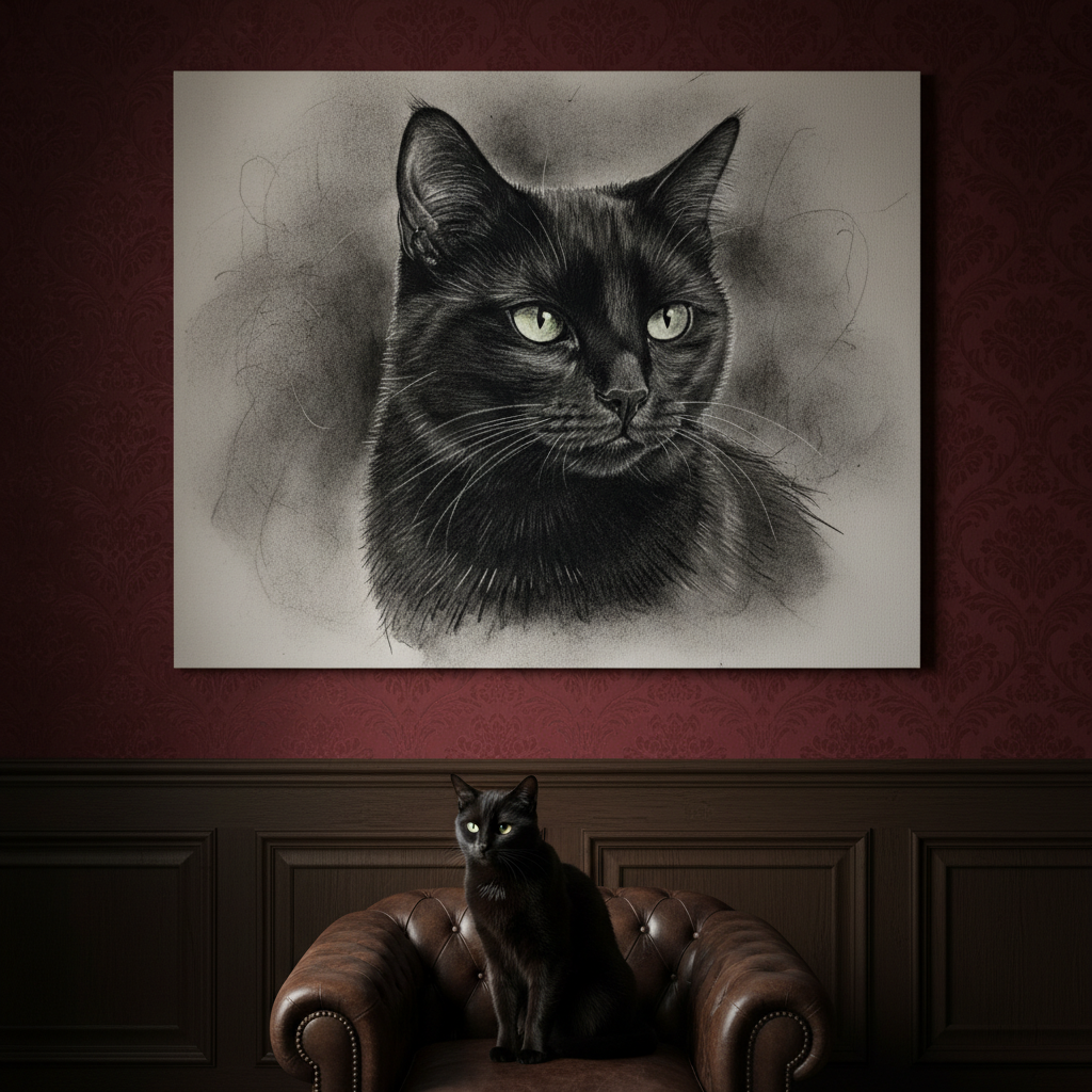 Charcoal Sketch Canvas room mockup; custom cat portrait canvas from photo in the Charcoal Sketch style; black cat; proof before print.