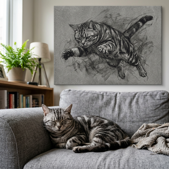Charcoal Sketch Canvas room mockup; custom cat portrait canvas from photo in the Charcoal Sketch style; tabby cat; proof before print.