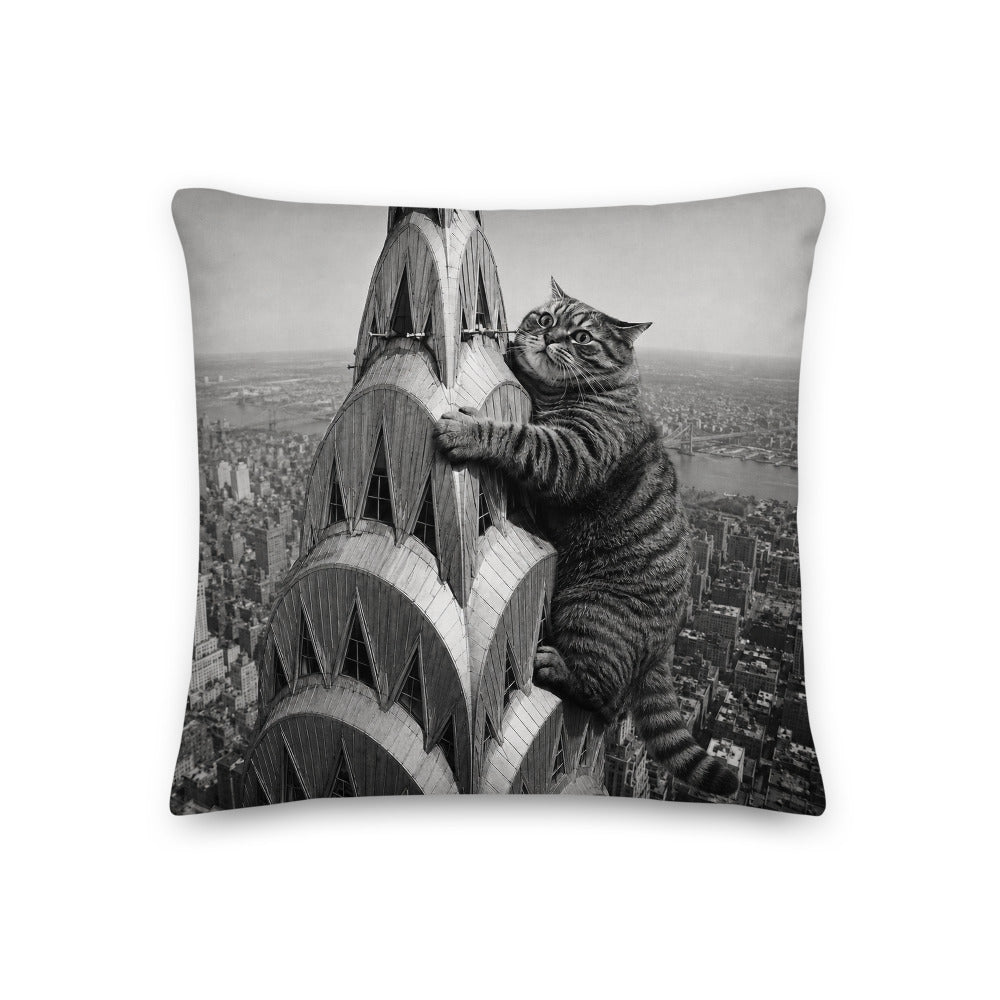 Custom cat portrait pillow, Chrysler Building style, 18 x 18 in