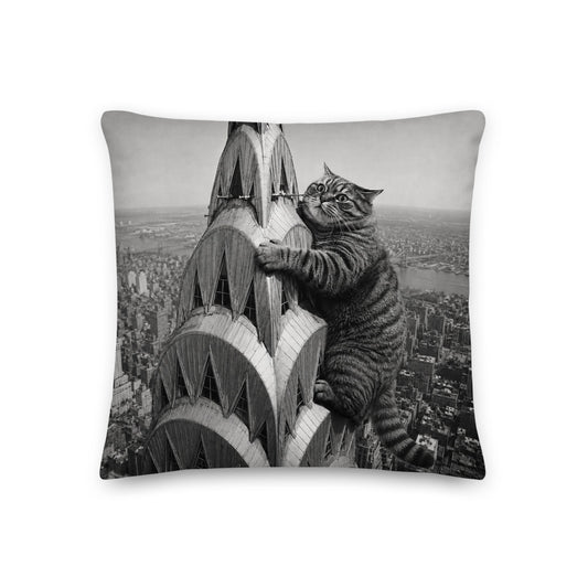 Custom cat portrait pillow, Chrysler Building style, 18 x 18 in