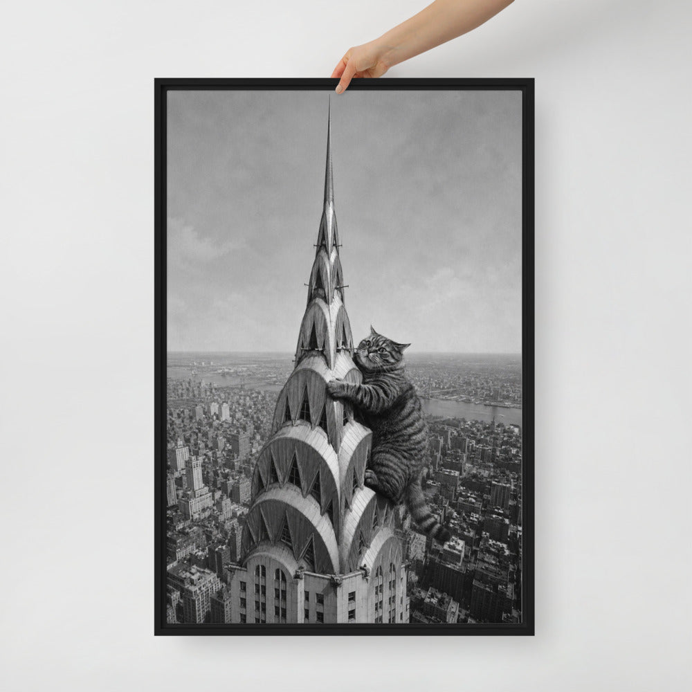 Chrysler Building cat portrait canvas print, 24 x 36 in, in a black floating frame