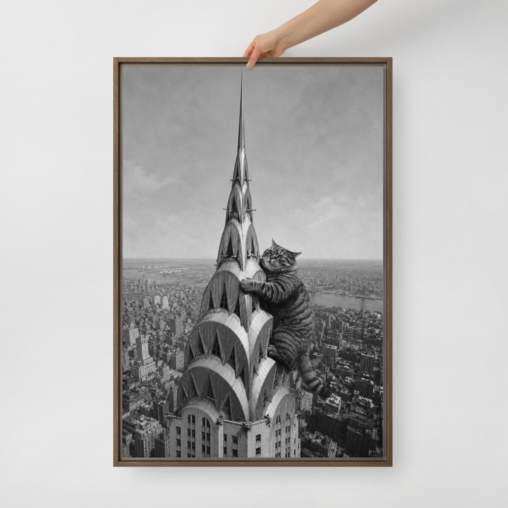 Chrysler Building cat portrait canvas print, 24 x 36 in, in a brown floating frame