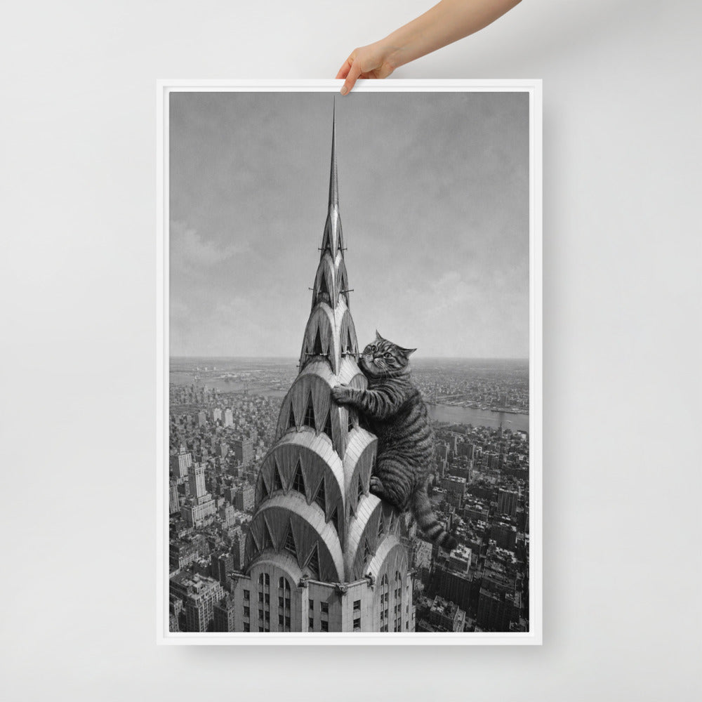 Chrysler Building cat portrait canvas print, 24 x 36 in, in a white floating frame