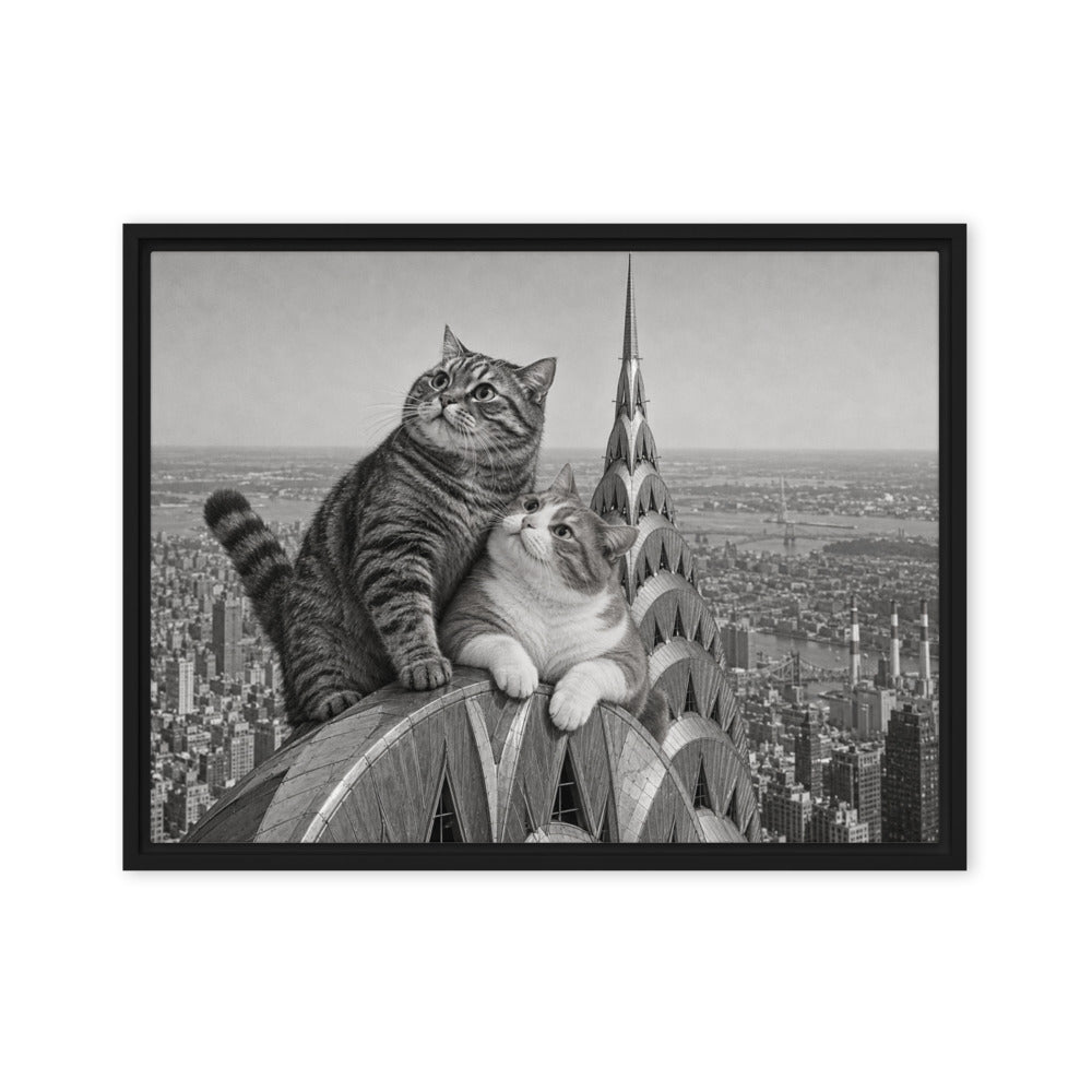 Chrysler Building portrait of 2 cats, canvas print in a black floating frame