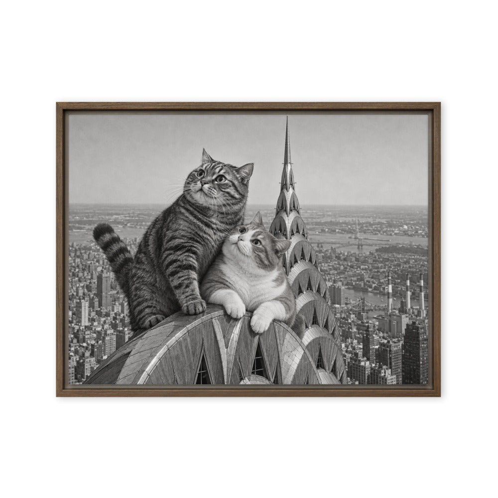 Chrysler Building portrait of 2 cats, canvas print in a brown floating frame