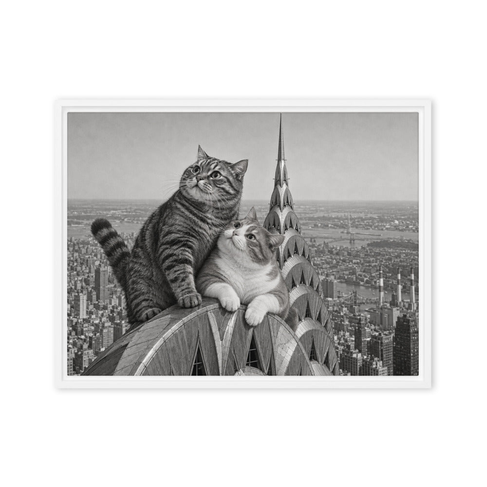 Chrysler Building portrait of 2 cats, canvas print in a white floating frame