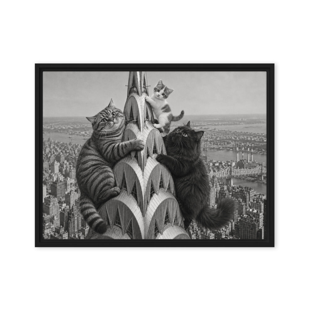 Chrysler Building portrait of 3 cats, canvas print in a black floating frame