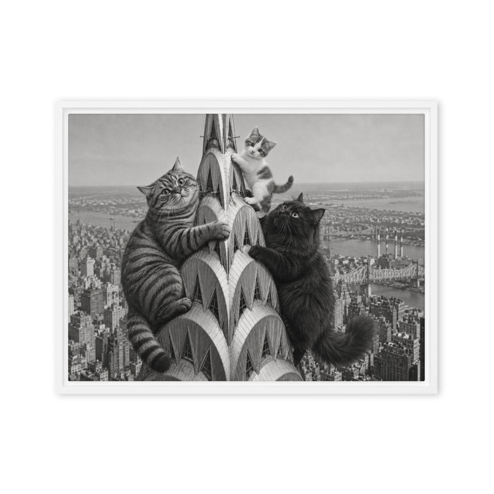 Chrysler Building portrait of 3 cats, canvas print in a white floating frame