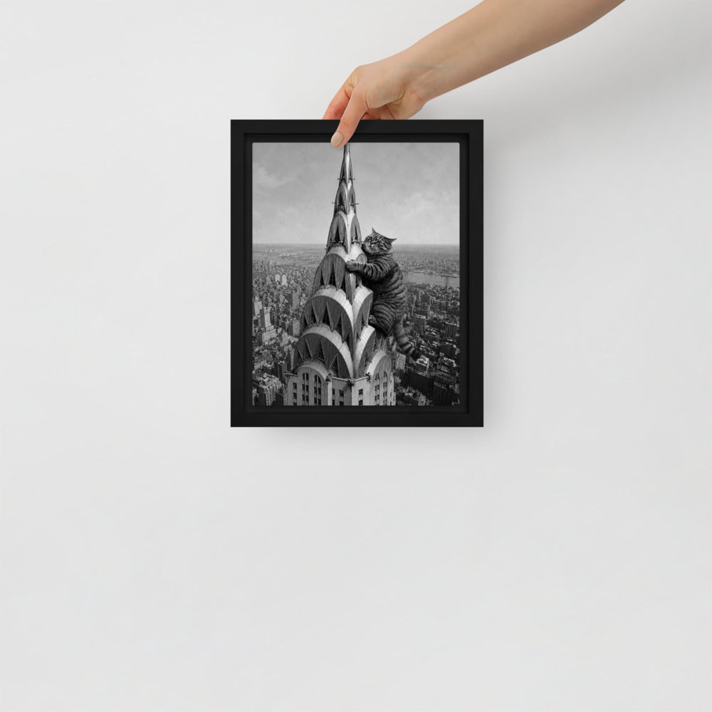 Chrysler Building cat portrait canvas print, 8 x 10 in, in a black floating frame
