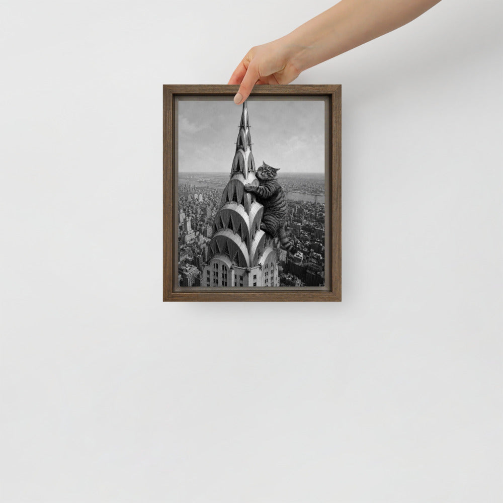Chrysler Building cat portrait canvas print, 8 x 10 in, in a brown floating frame