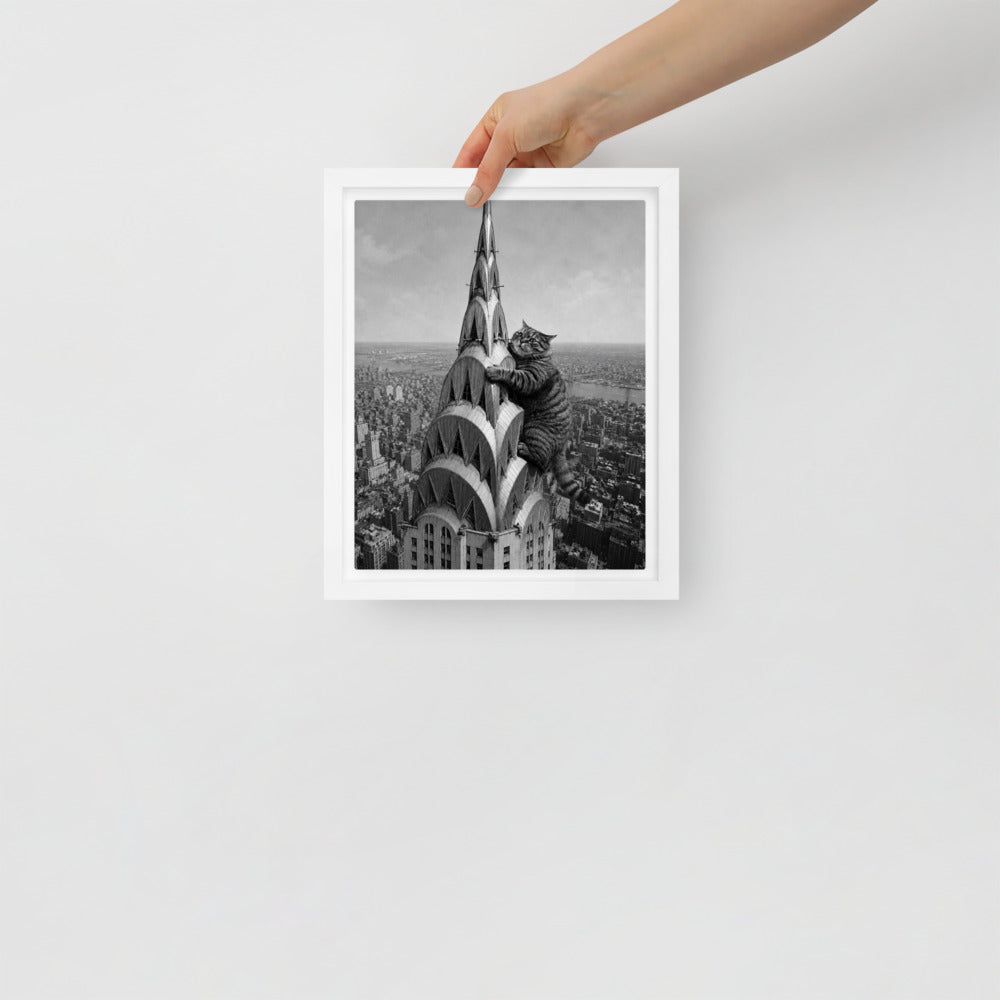 Chrysler Building cat portrait canvas print, 8 x 10 in, in a white floating frame