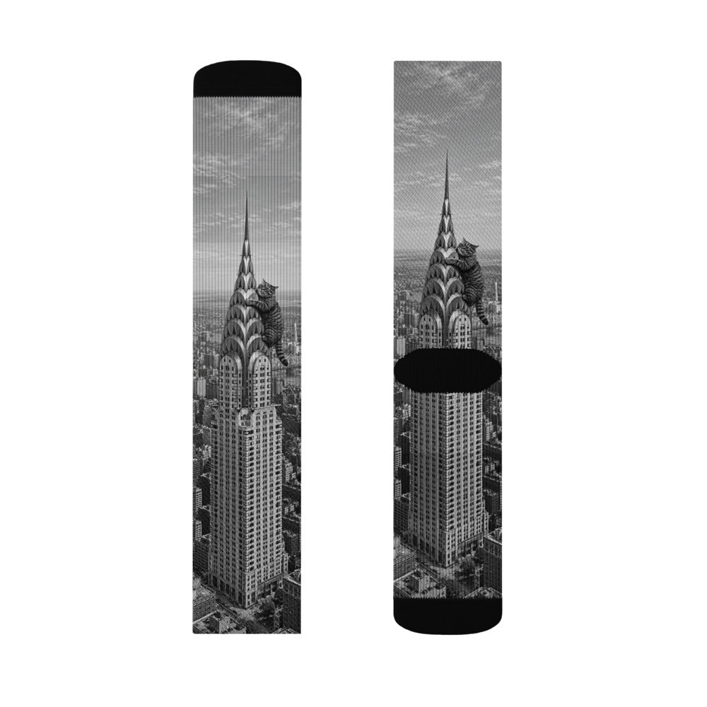 Custom cat portrait socks in the Chrysler Building style