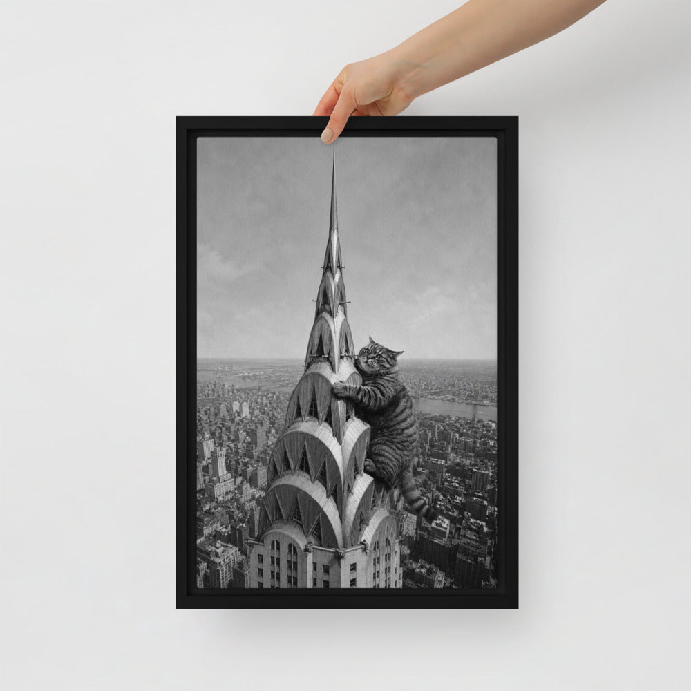 Chrysler Building cat portrait canvas print, 12 x 18 in, in a black floating frame