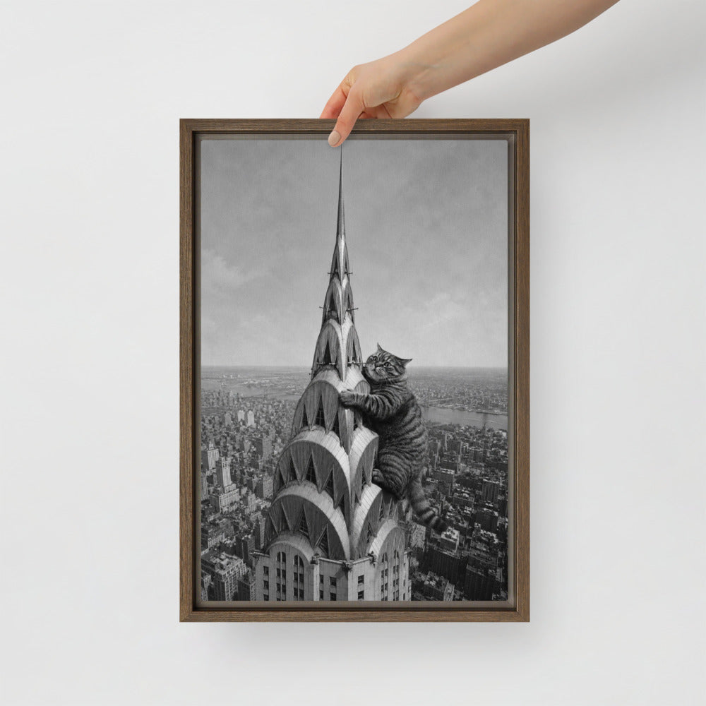 Chrysler Building cat portrait canvas print, 12 x 18 in, in a brown floating frame